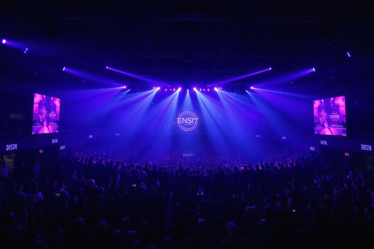 Arena de esports com luzes roxas