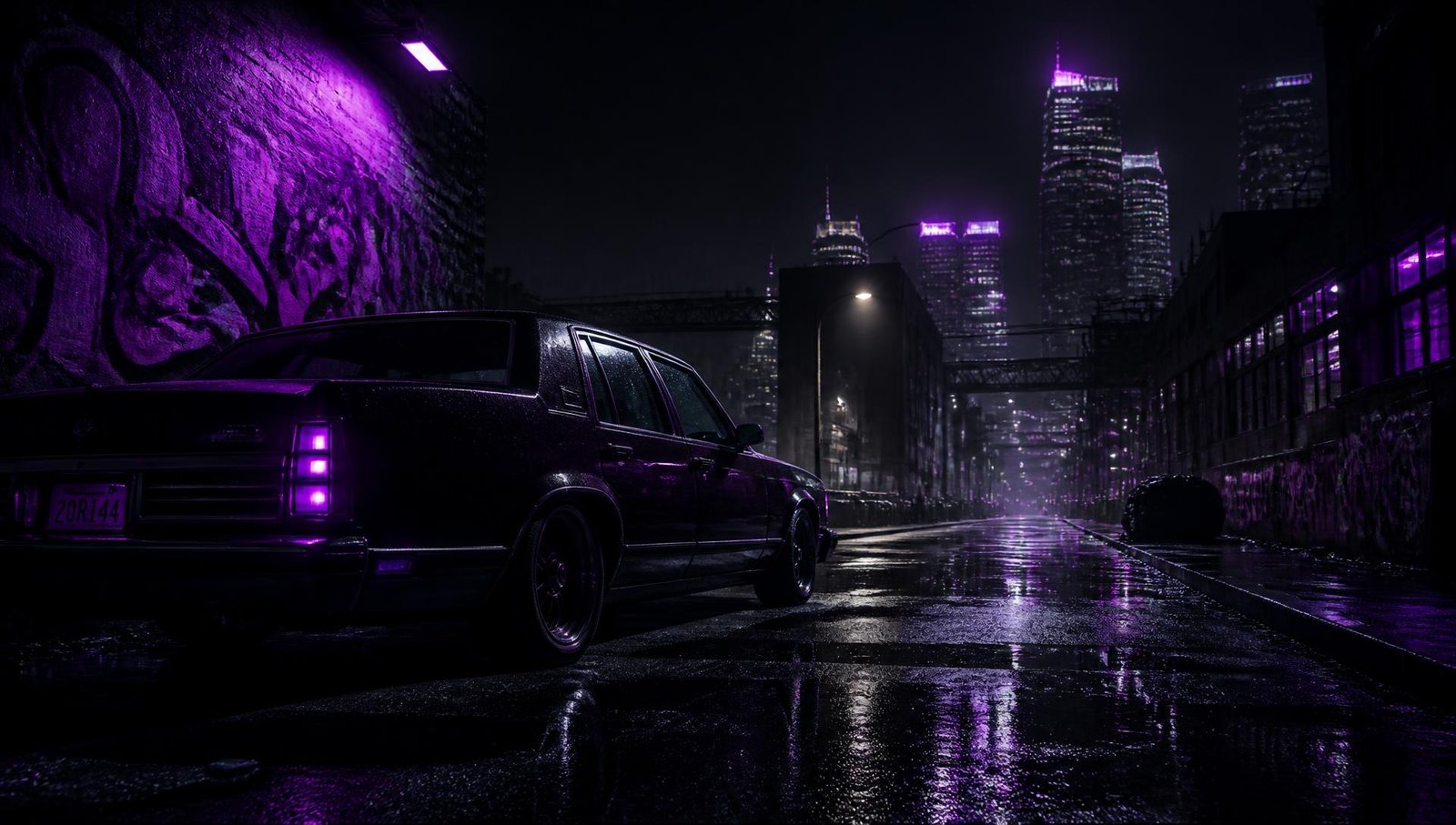 Rua urbana à noite iluminada por neon roxo